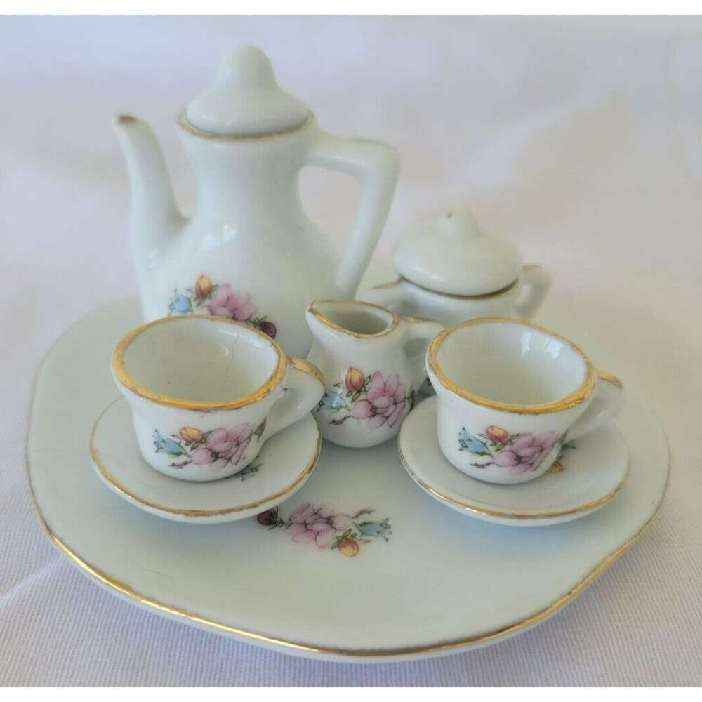 Vintage MINIATURE Porcelain TEA SET 10 Pieces Floral Gold Dollhouse Collectible